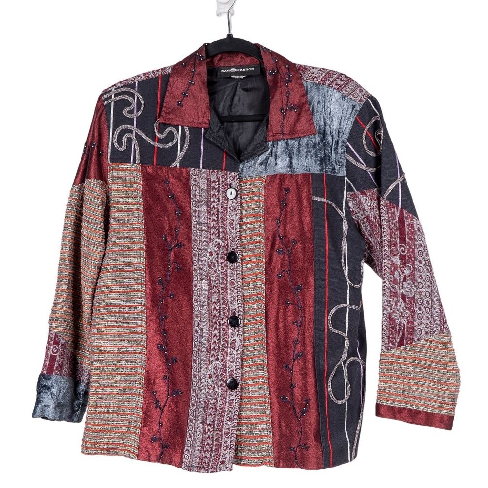 Boho VTG Jacket S Patchwork Textured Red Blue Metallic Lagenlook Fairy Stitching